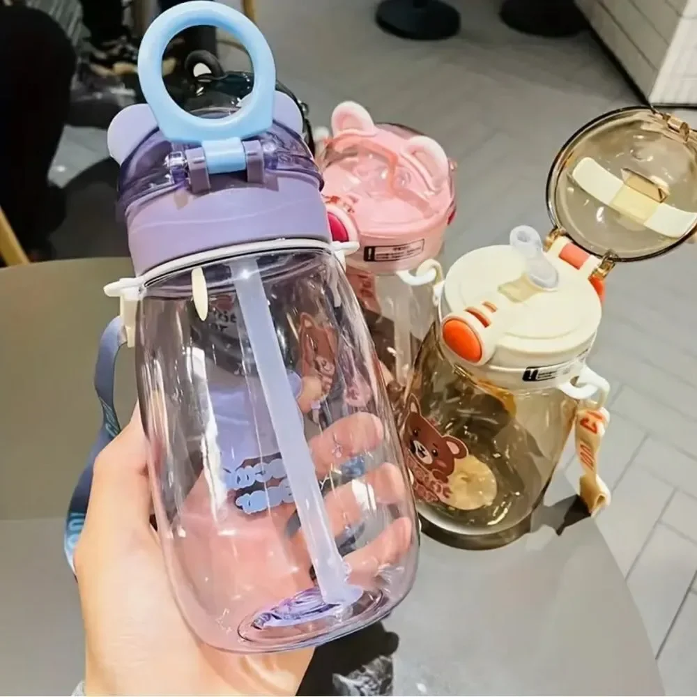 Cute Biscuit Bear Kids Water Bottle 650ml with Strap – Leakproof Flip Lid